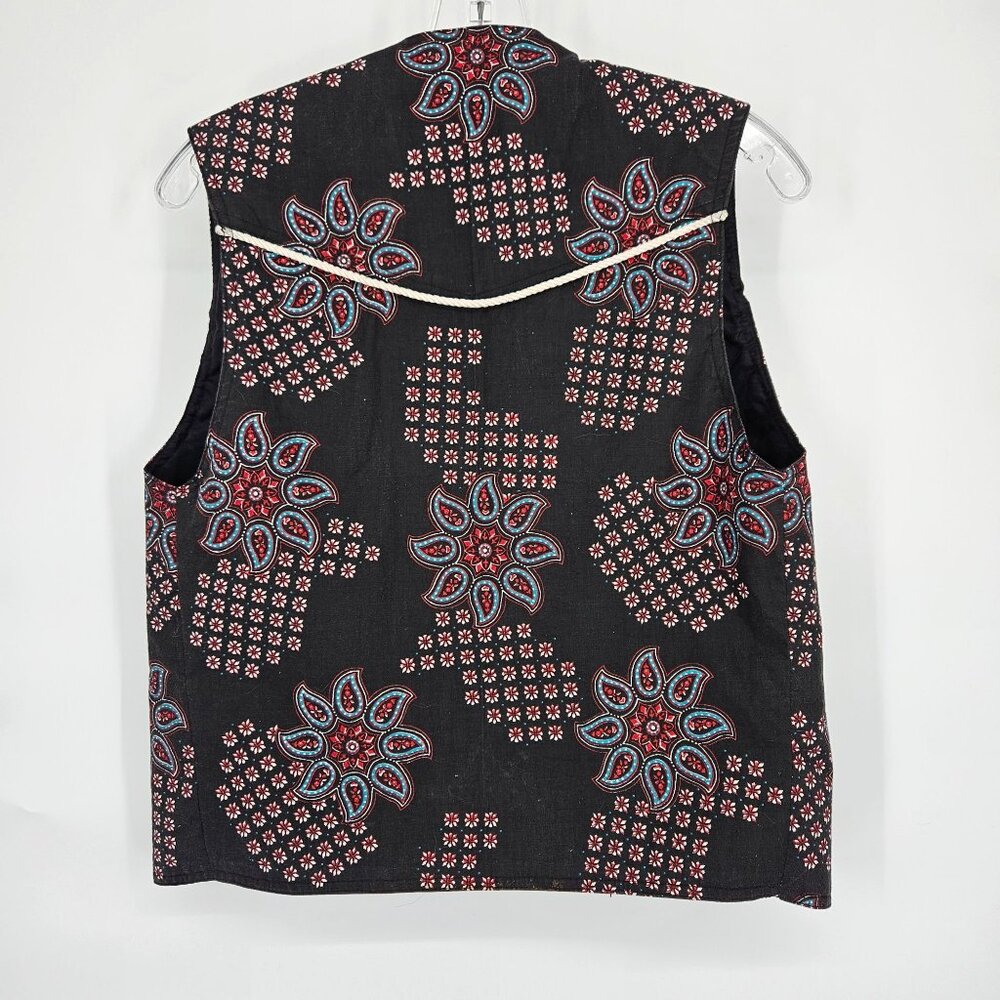 Western Boho Floral Vest Women Medium Black Blue Silver Buttons Beaded Lined - Picture 5 of 9